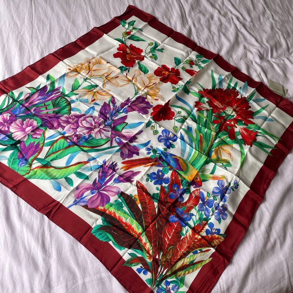Uterque Floral Silk Scarf with Red Border parrot print